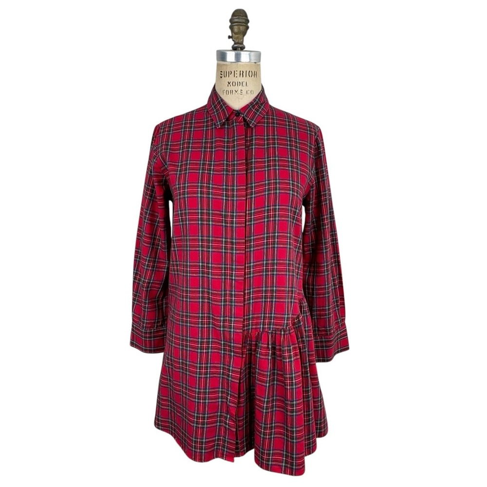 Zara Plaid Button Up Shirt Dress Tunic Womens XS Red Asymmetrical Ruffle Preppy